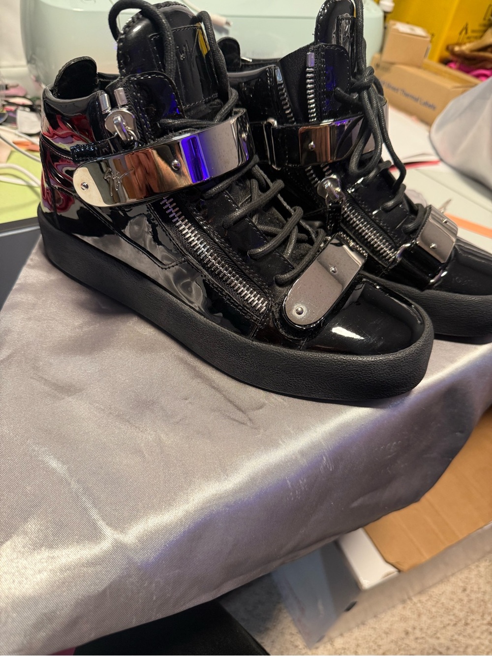 Giuseppe Zanotti Black Patent Leather High-Top Sneakers with Silver Hardware